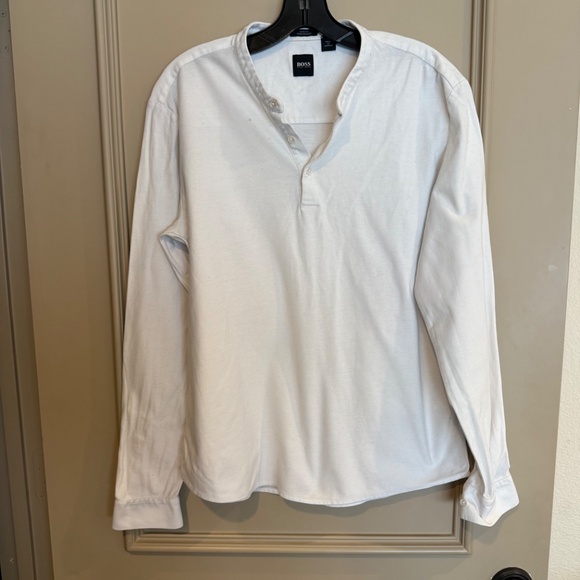 BOSS Slim Fit Mercerised White Henley Long Sleeve 3-Button Shirt Size Medium M - Picture 2 of 9